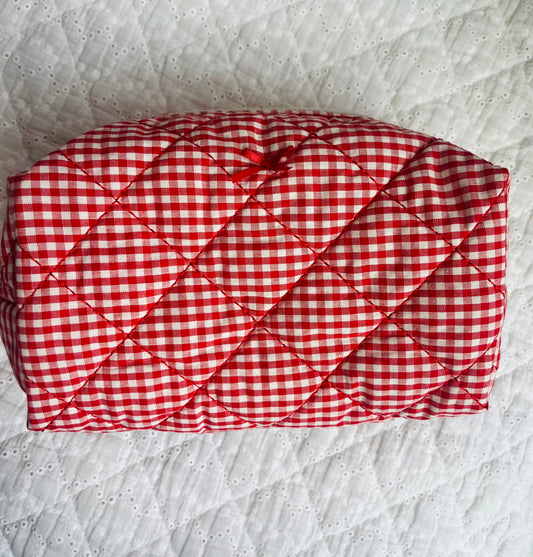 Medium Quilted Makeup Bag - Red Gingham