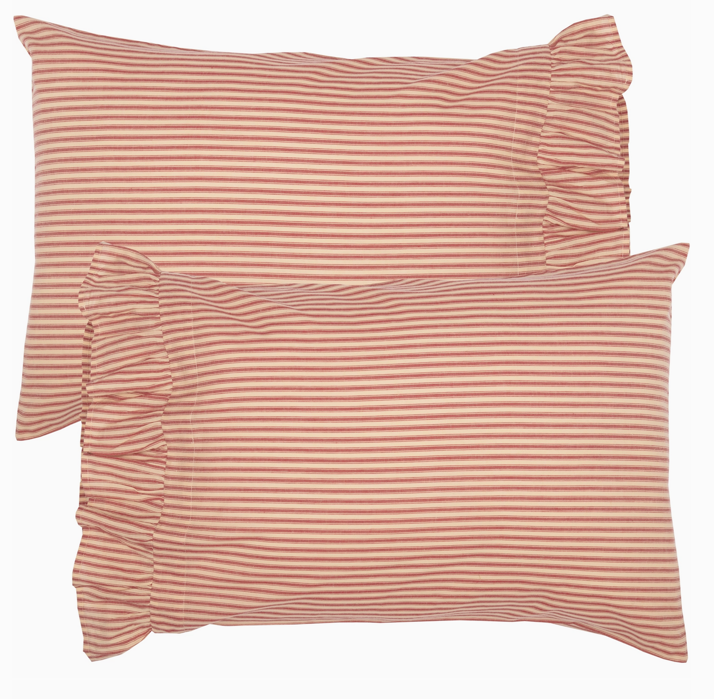 Set of 2 - Red Ticking Stripe Ruffled Standard Pillow Case