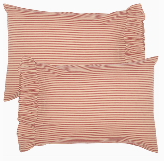 Set of 2 - Red Ticking Stripe Ruffled Standard Pillow Case