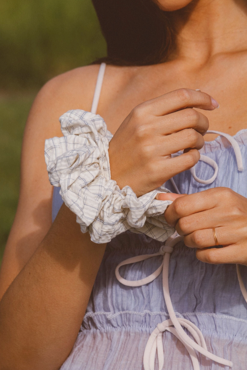 Creamy Blue Grid Jumbo Scrunchie