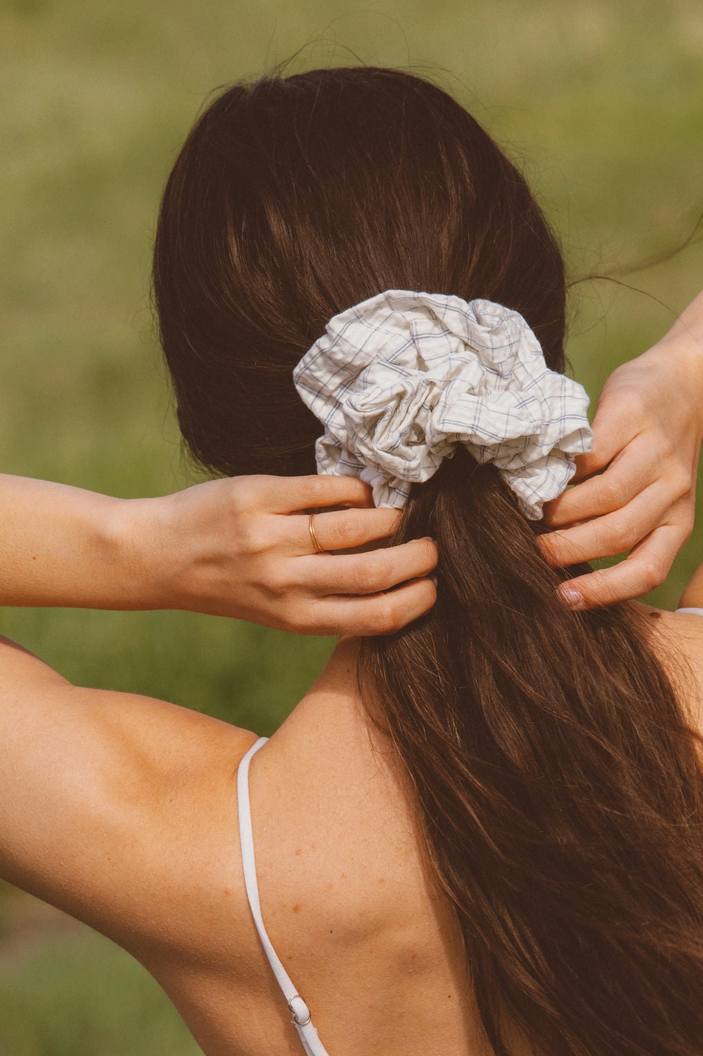Creamy Blue Grid Jumbo Scrunchie